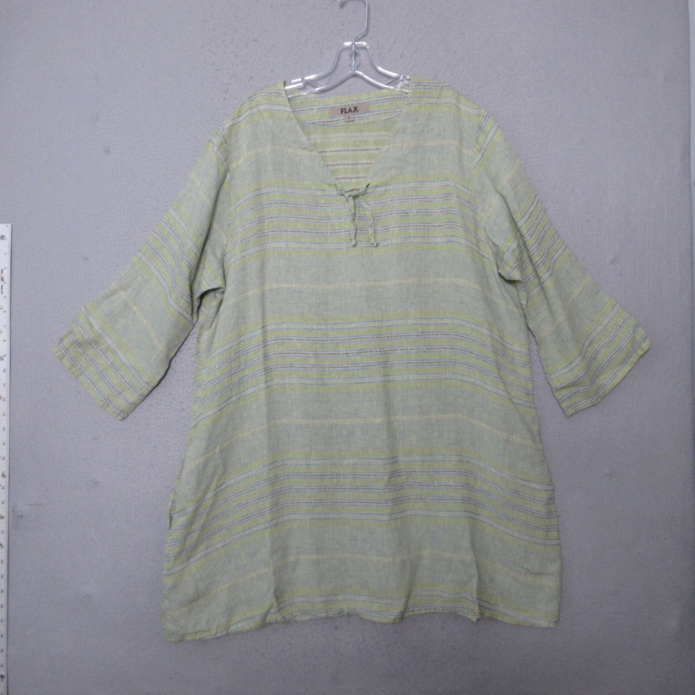 FLAX Dress Tunic Green Striped Linen Pockets Lagenlook Coastal Resort Breathable